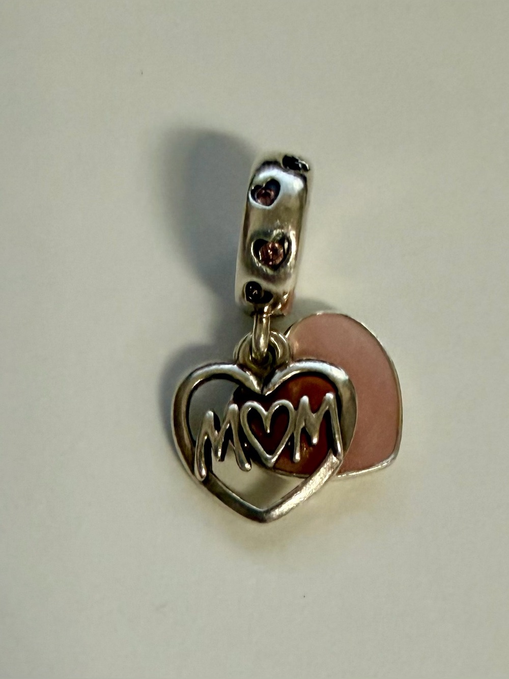 Pandora Silver MOM Heart Dangle Charm with Pink Enamel